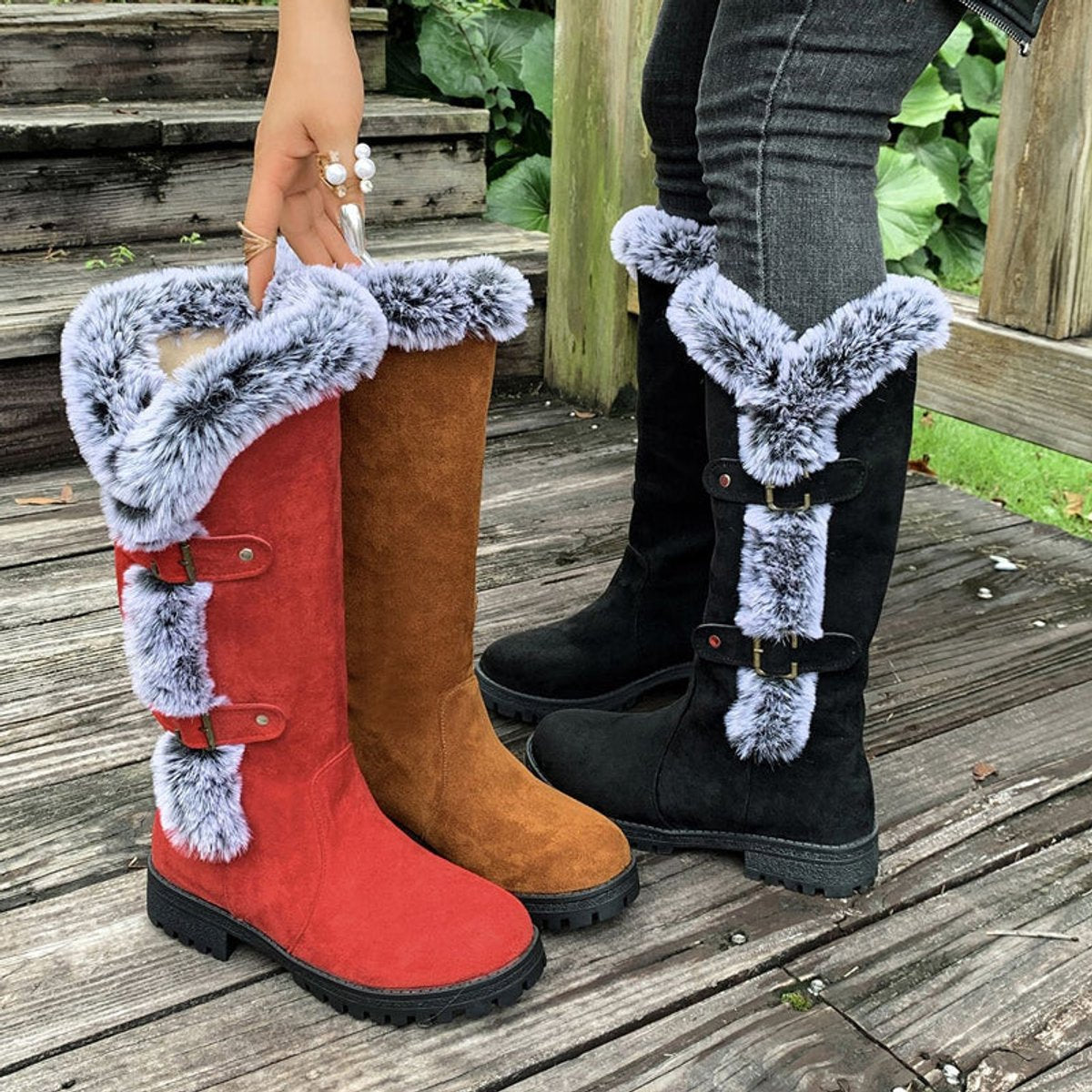 Alexandra | Women's Fleece Lined Suede Look Buckle Knee-High Boots
