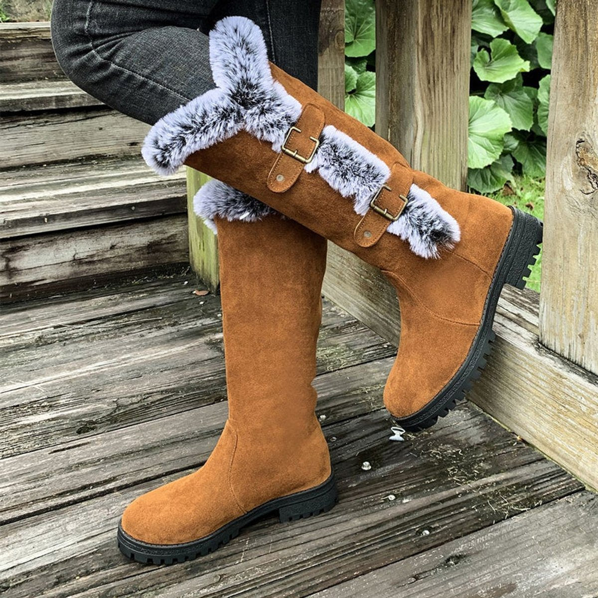 Alexandra | Women's Fleece Lined Suede Look Buckle Knee-High Boots - Light Brown