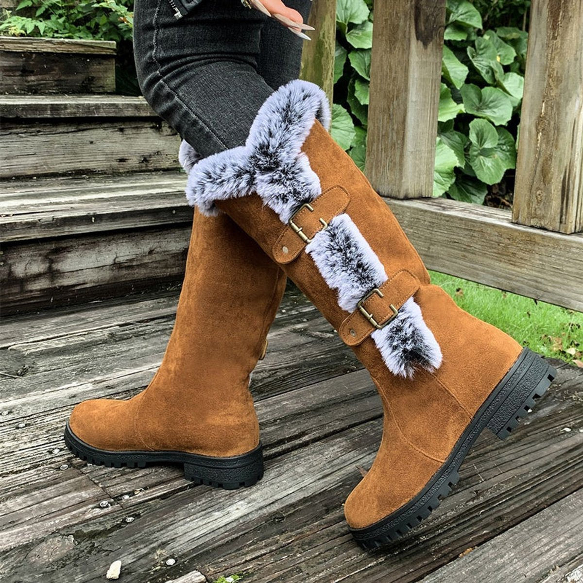 Alexandra | Women's Fleece Lined Suede Look Buckle Knee-High Boots