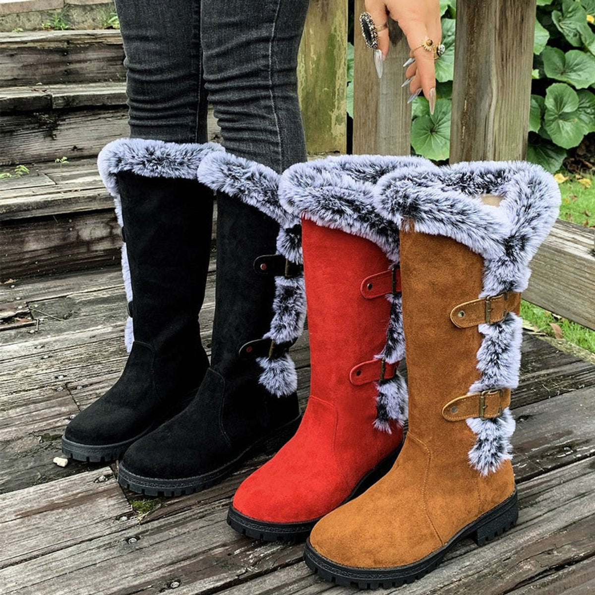 Alexandra | Women's Fleece Lined Suede Look Buckle Knee-High Boots