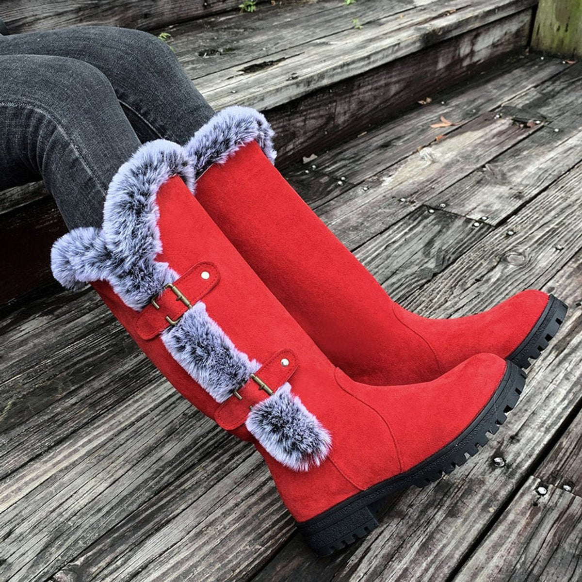 Alexandra | Women's Fleece Lined Suede Look Buckle Knee-High Boots - Red