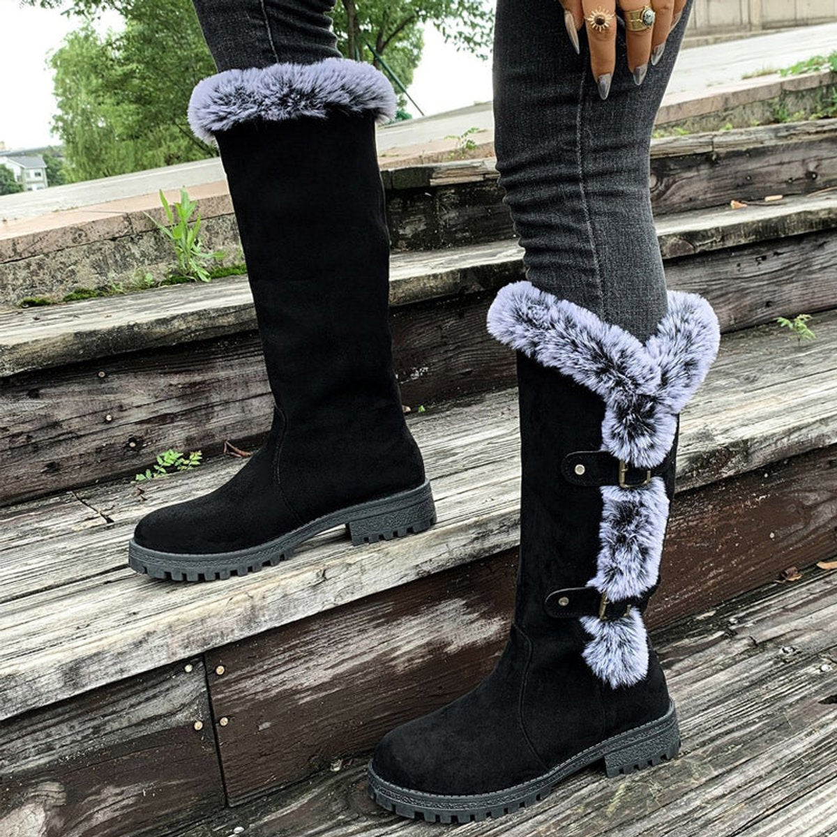 Alexandra | Women's Fleece Lined Suede Look Buckle Knee-High Boots - Black