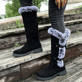 Alexandra | Women's Fleece Lined Suede Look Buckle Knee-High Boots - Black