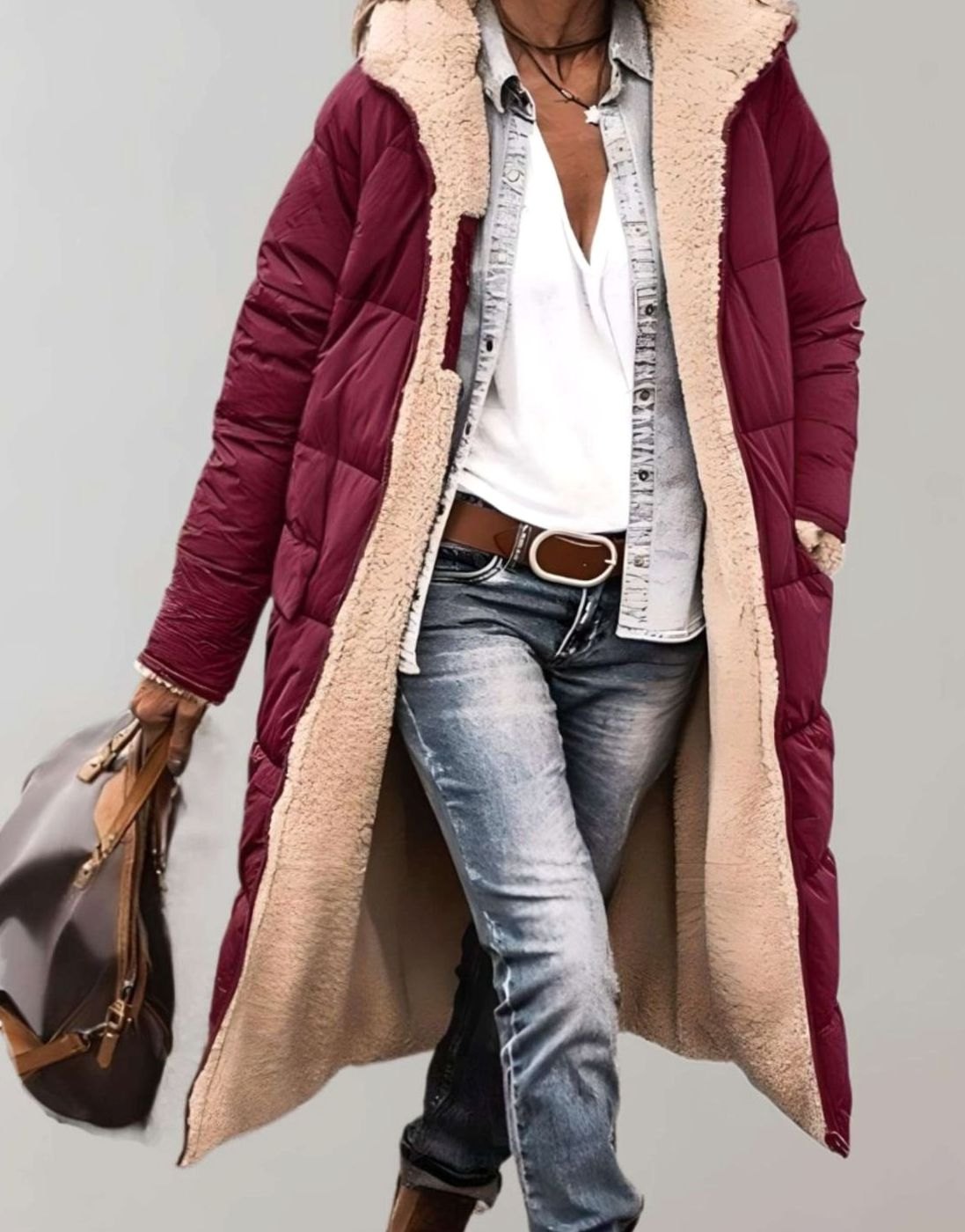Romilly | Women's Fleece Lined Quilted Hooded Puffer Jacket - Red