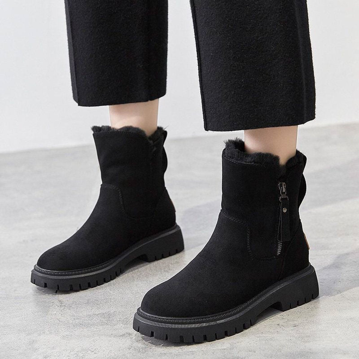Rosa | Women's Fleece Lined Suede Look Ankle Boots - Black