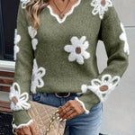 Keira | Women's Long Sleeve Floral V Neck Jumper - Khaki