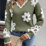 Keira | Women's Long Sleeve Floral V Neck Jumper - Khaki