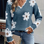 Keira | Women's Long Sleeve Floral V Neck Jumper - Blue