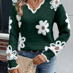 Keira | Women's Long Sleeve Floral V Neck Jumper - Olive Green