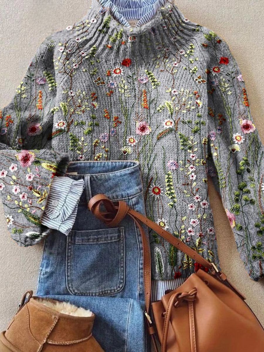 Barbara | Women's Oversized Floral Embroidered Turtleneck Jumper - Multicolour