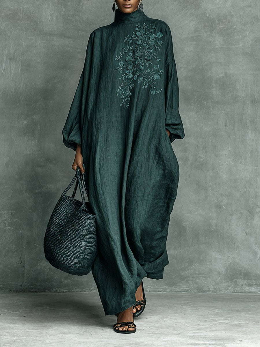 Chloe | Women's Long Sleeve Floral Embroidered Maxi Dress - Dark Green