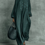 Chloe | Women's Long Sleeve Floral Embroidered Maxi Dress - Dark Green