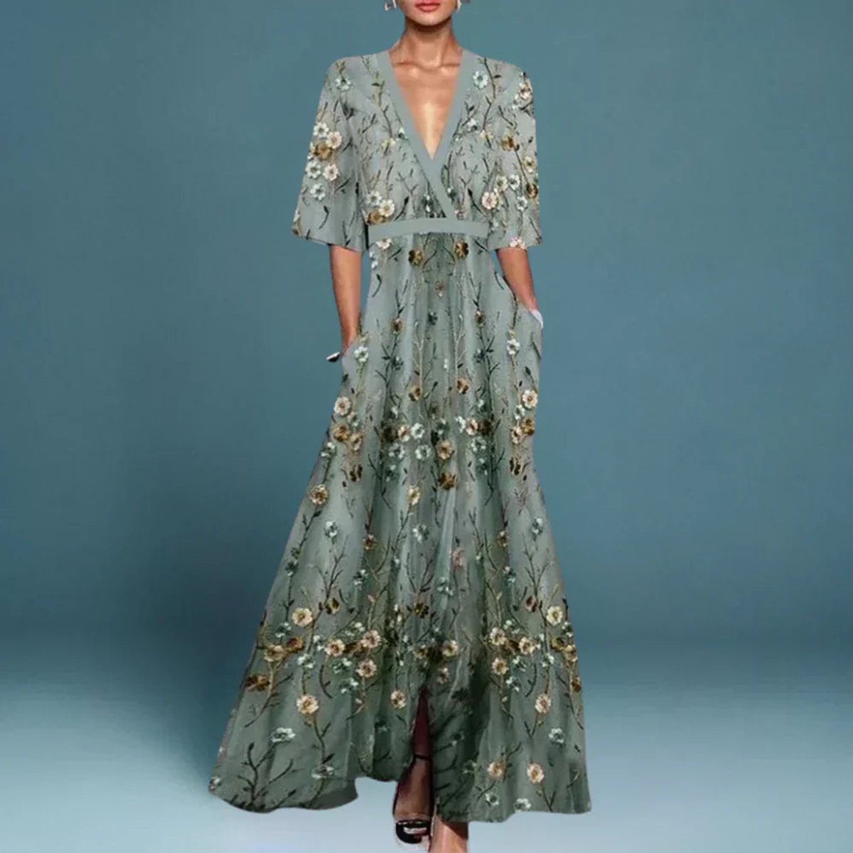 Mia | Women's Floral V Neck Embroidered Maxi Dress - Blue