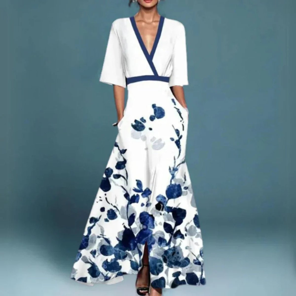 Mia | Women's Floral V Neck Embroidered Maxi Dress - White