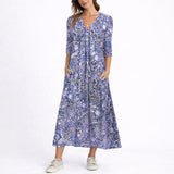 Maria | Women's Oversized Floral V Neck Wedding Guest Dress - Blue