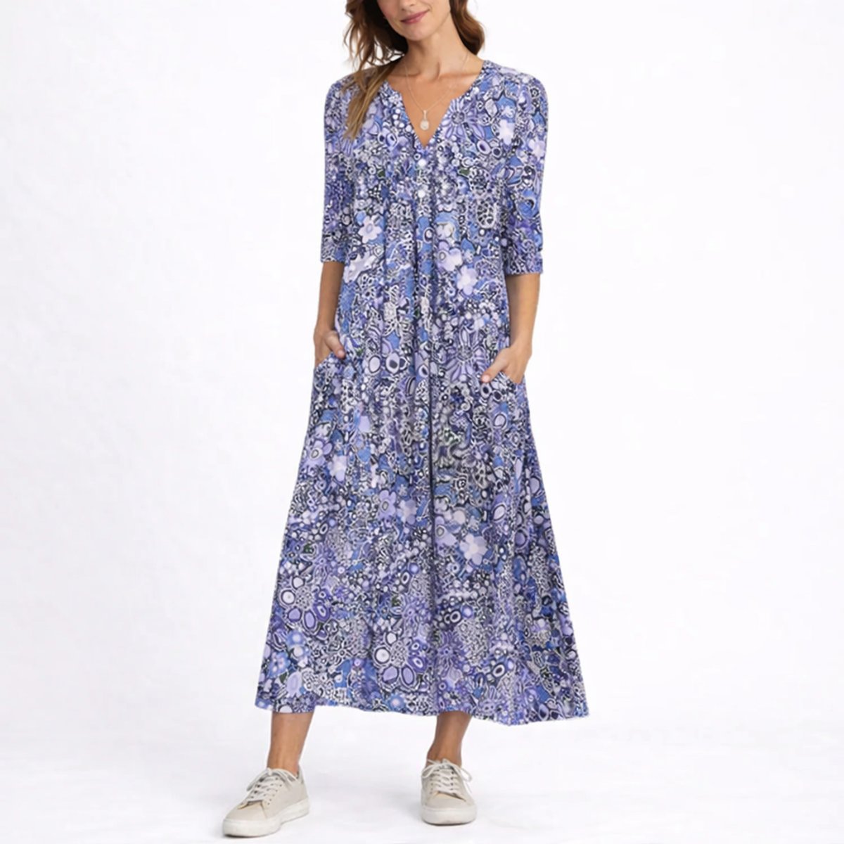 Maria | Women's Oversized Floral V Neck Wedding Guest Dress - Blue