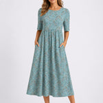 Henrietta | Women's Floral Short Sleeve Midi Wedding Guest Dress - Blue & White