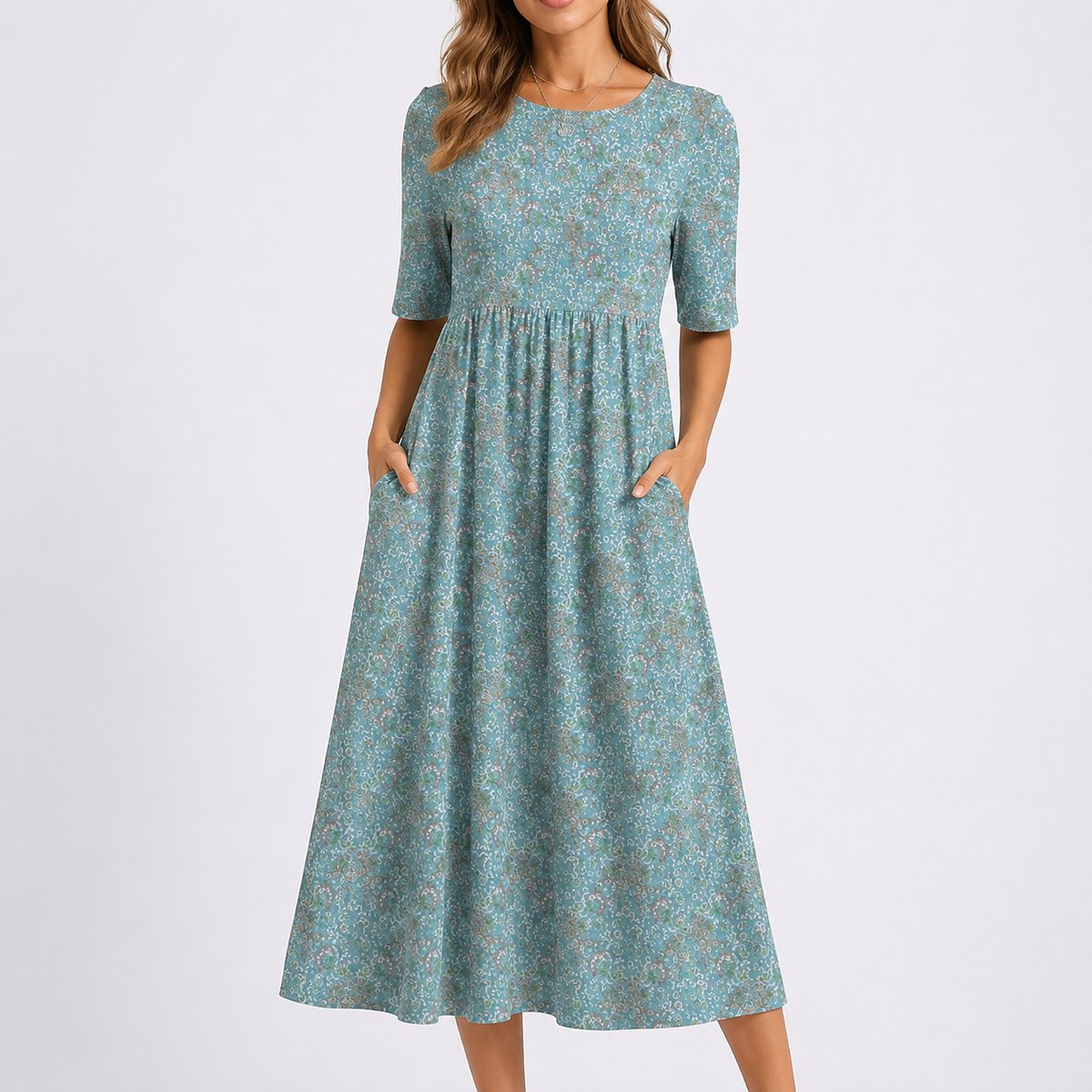 Henrietta | Women's Floral Short Sleeve Midi Wedding Guest Dress - Blue & White