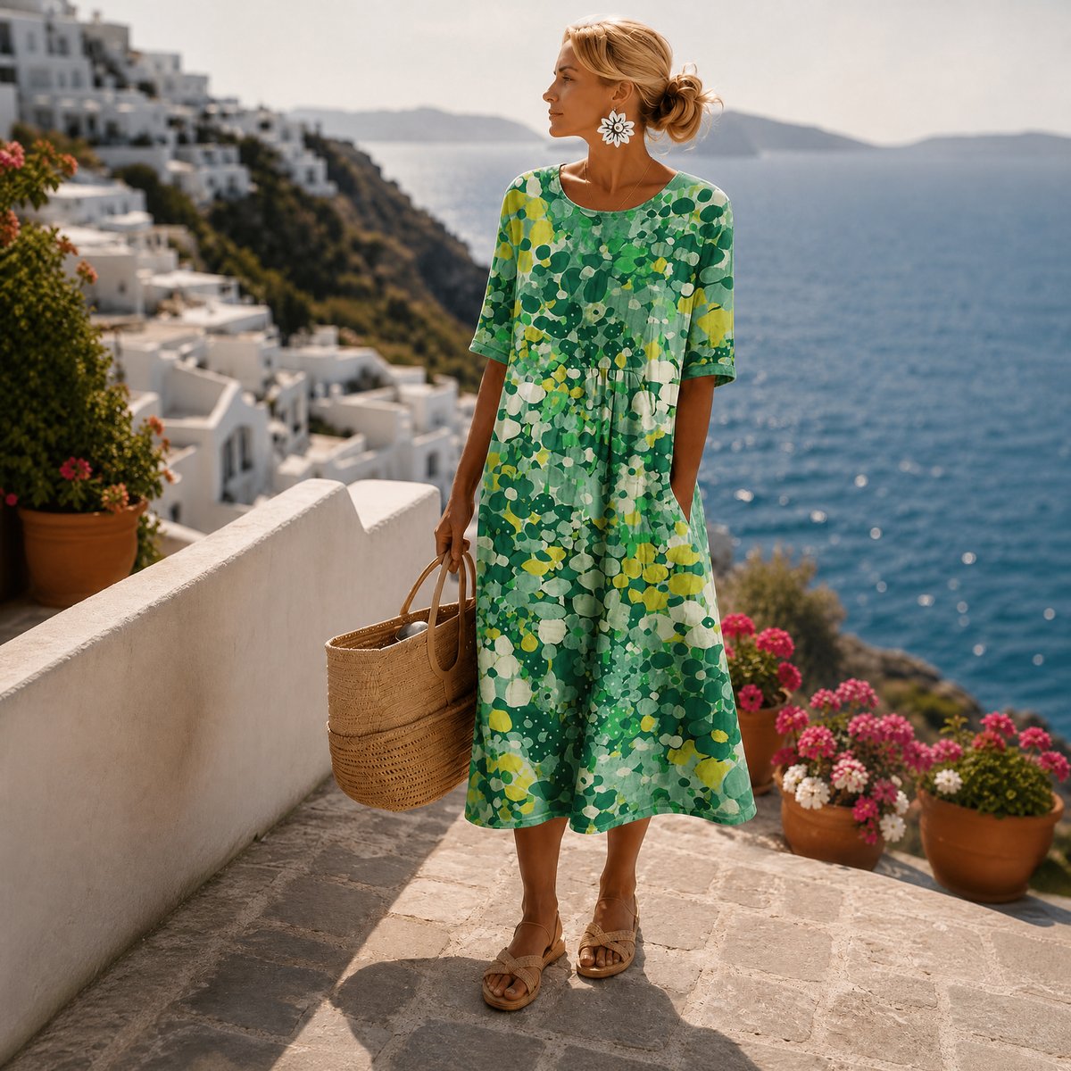 Maeve | Women's Oversized Floral Relaxed Fit Midi Dress - Green