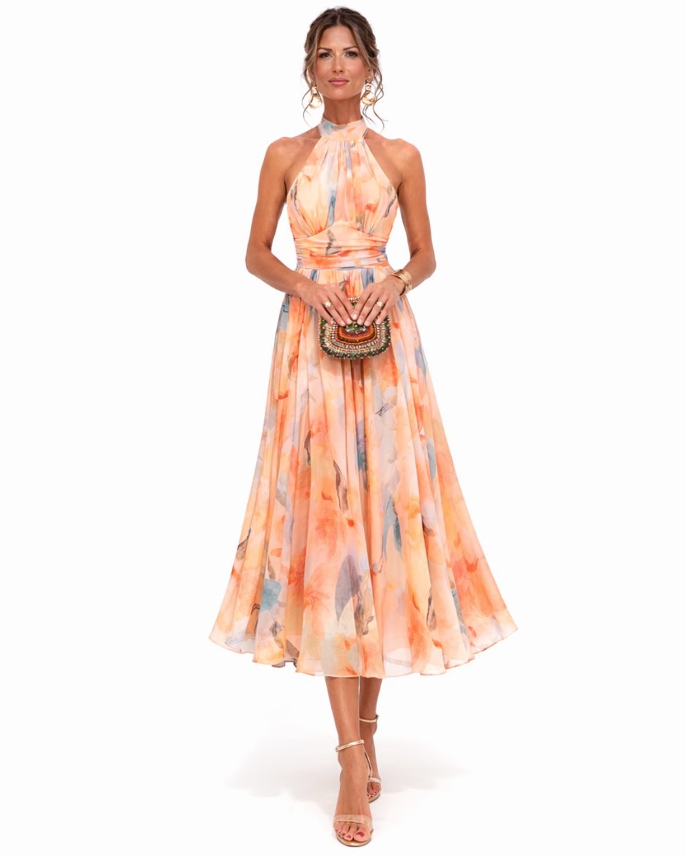 Alfreda | Women's Floral Chiffon Halter Midi Dress - Peach Floral