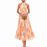 Alfreda | Women's Floral Chiffon Halter Midi Dress - Peach Floral