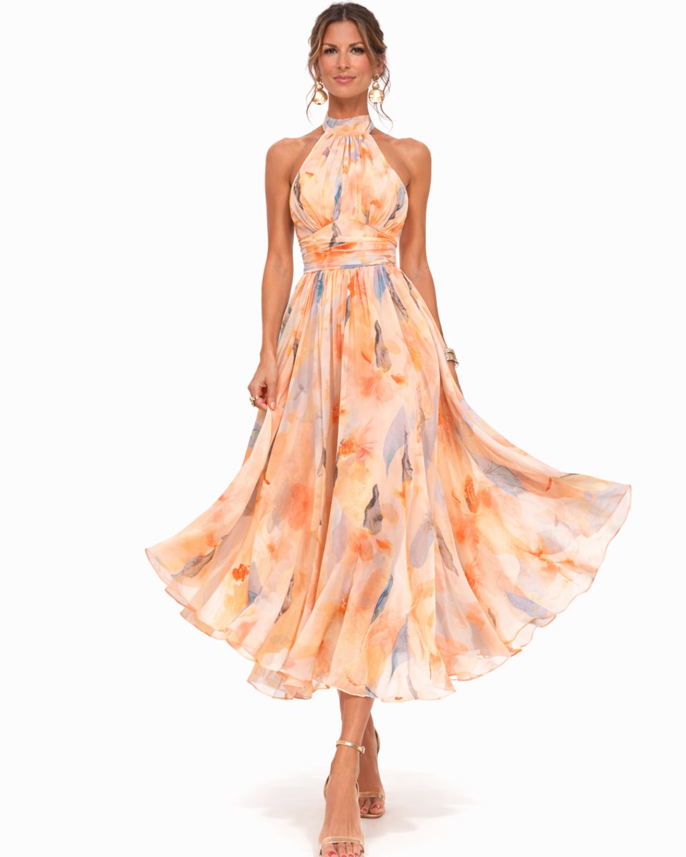 Alfreda | Women's Floral Chiffon Halter Midi Dress