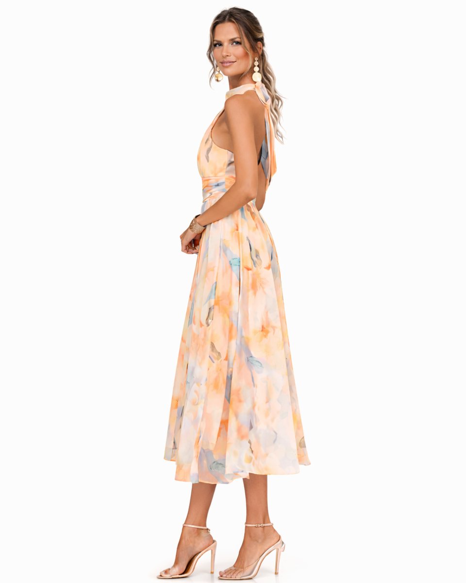 Alfreda | Women's Floral Chiffon Halter Midi Dress