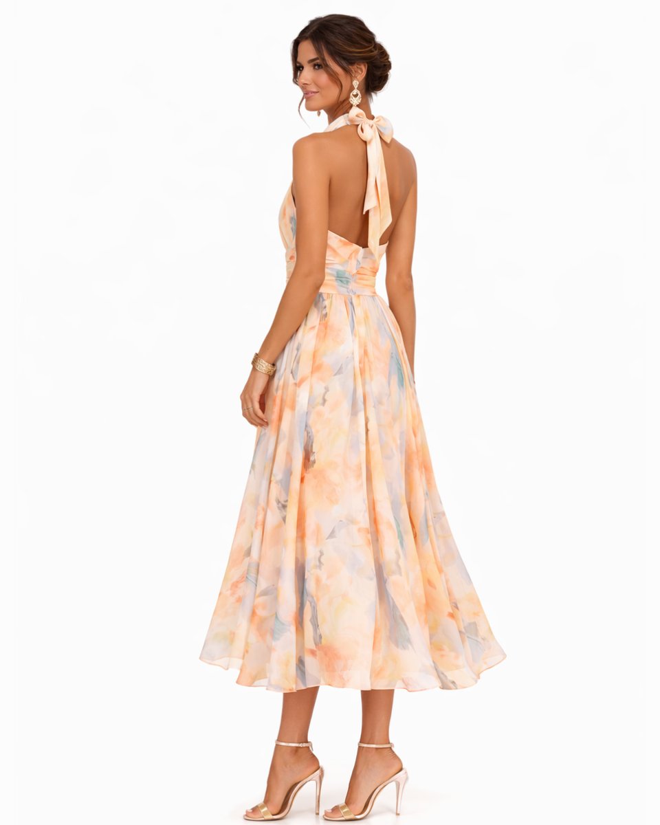 Alfreda | Women's Floral Chiffon Halter Midi Dress