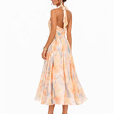 Alfreda | Women's Floral Chiffon Halter Midi Dress