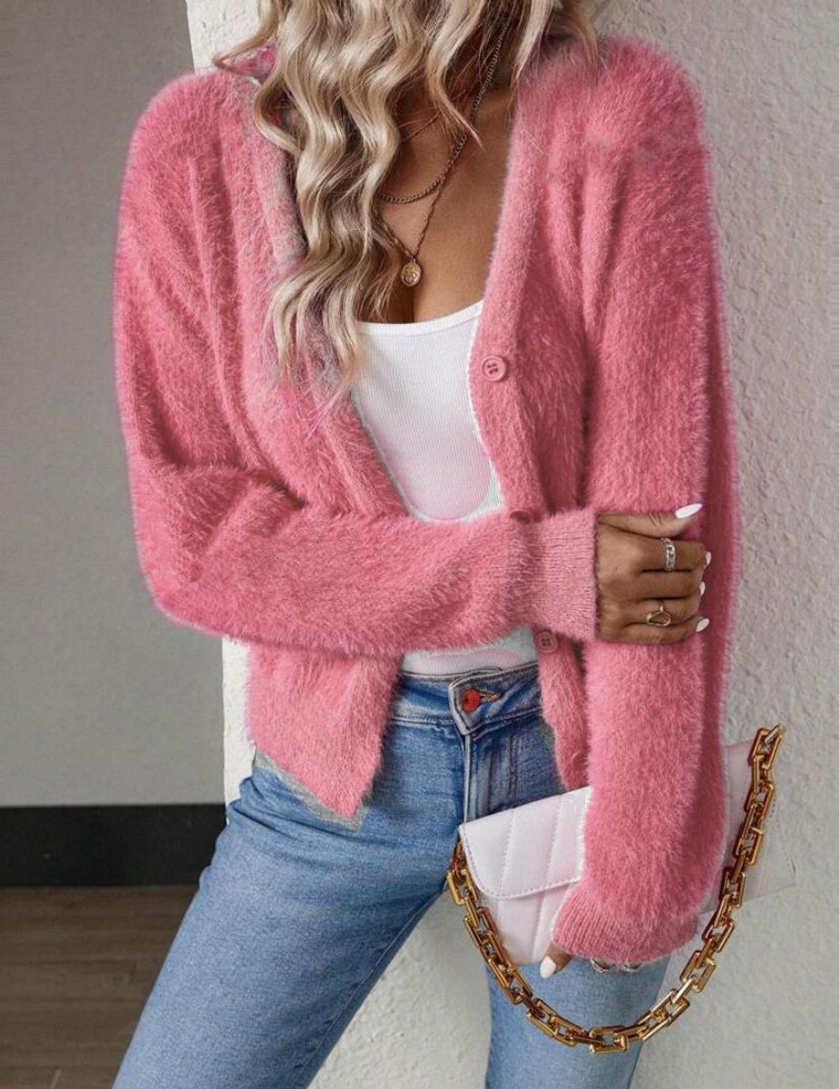 Chelsea | Women's Button Front V Neck Cardigan - Pink