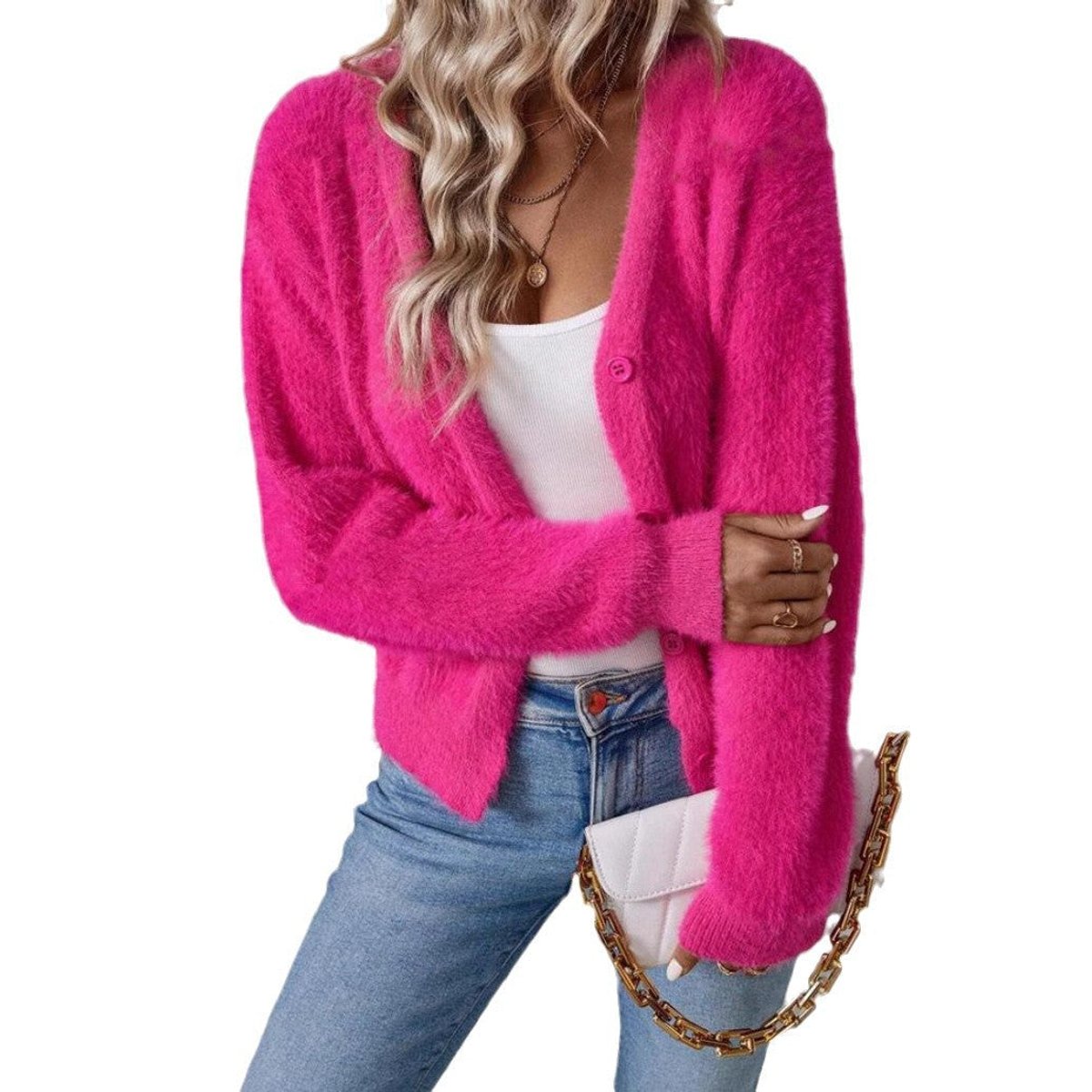 Chelsea | Women's Button Front V Neck Cardigan - Magenta