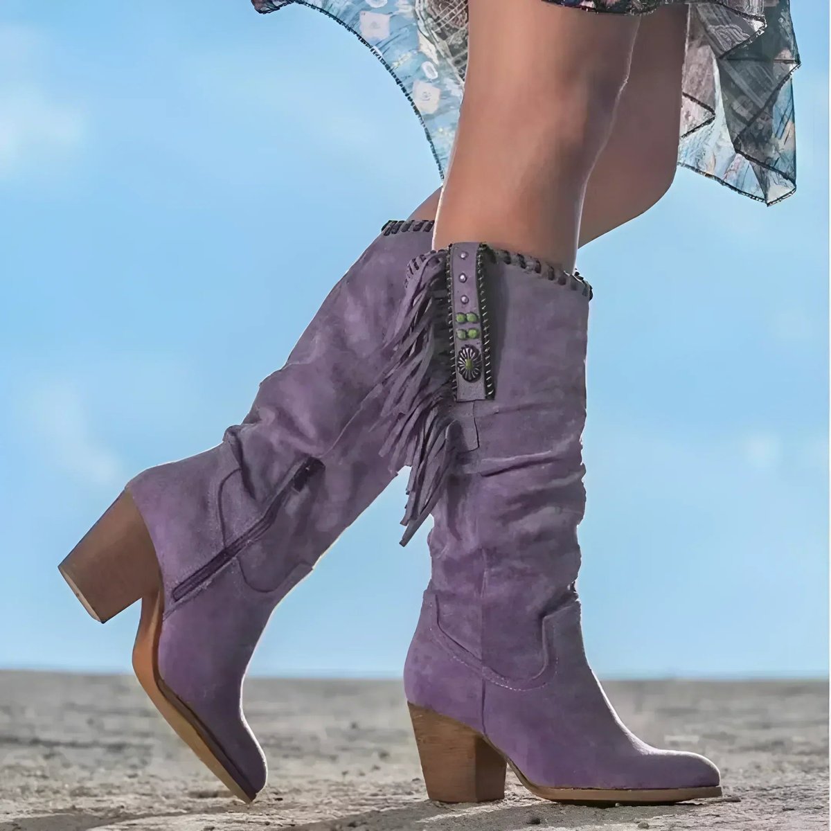 Zendaya | Women's Block Heel Suede Look Fringe Knee-High Boots - Purple