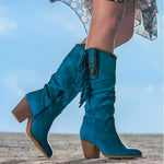Zendaya | Women's Block Heel Suede Look Fringe Knee-High Boots - Blue