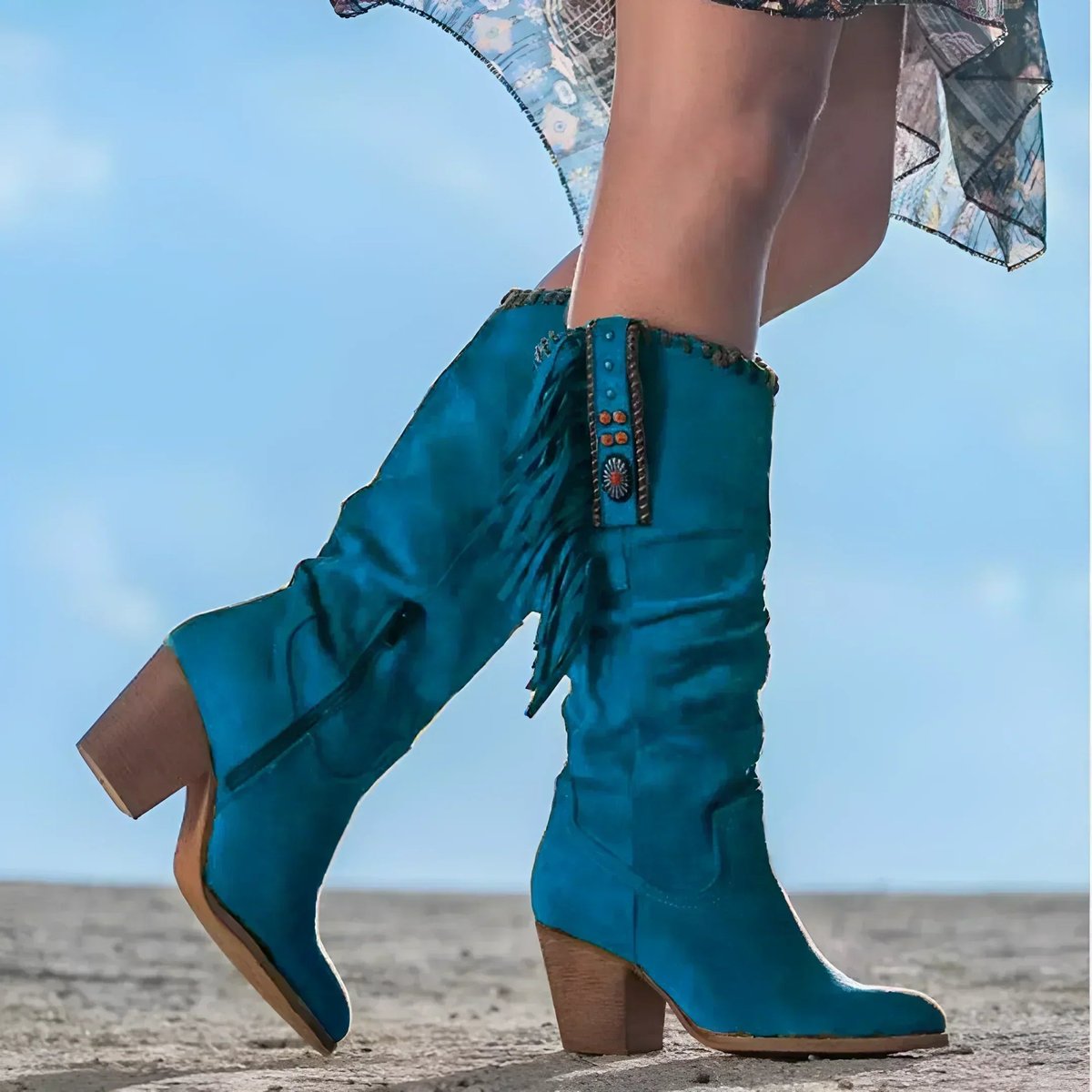 Zendaya | Women's Block Heel Suede Look Fringe Knee-High Boots - Blue
