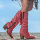 Zendaya | Women's Block Heel Suede Look Fringe Knee-High Boots - Red