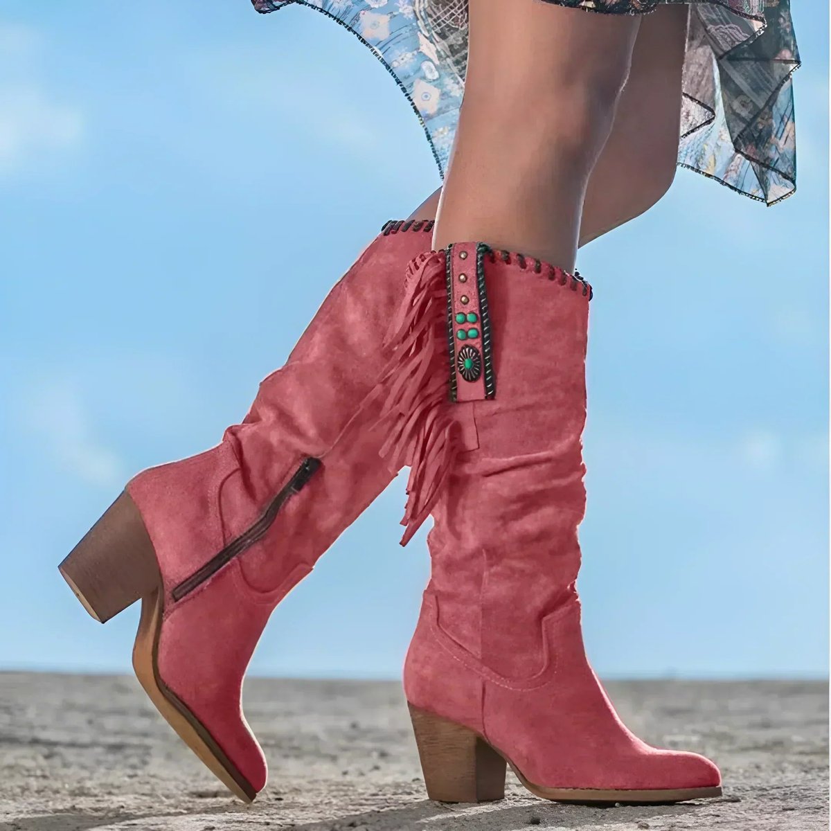Zendaya | Women's Block Heel Suede Look Fringe Knee-High Boots - Red