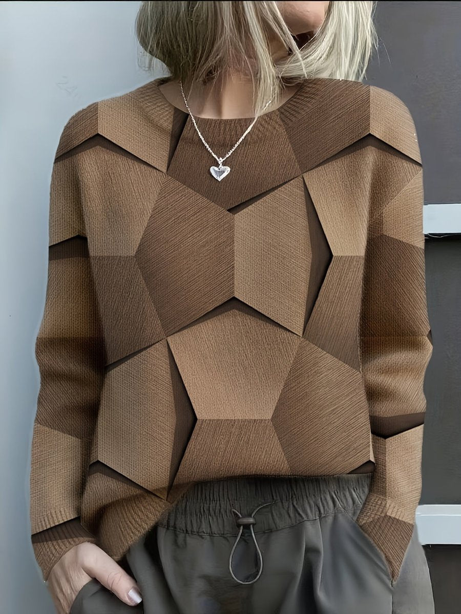 Lara | Women's Long Sleeve Geometric Jumper - Brown