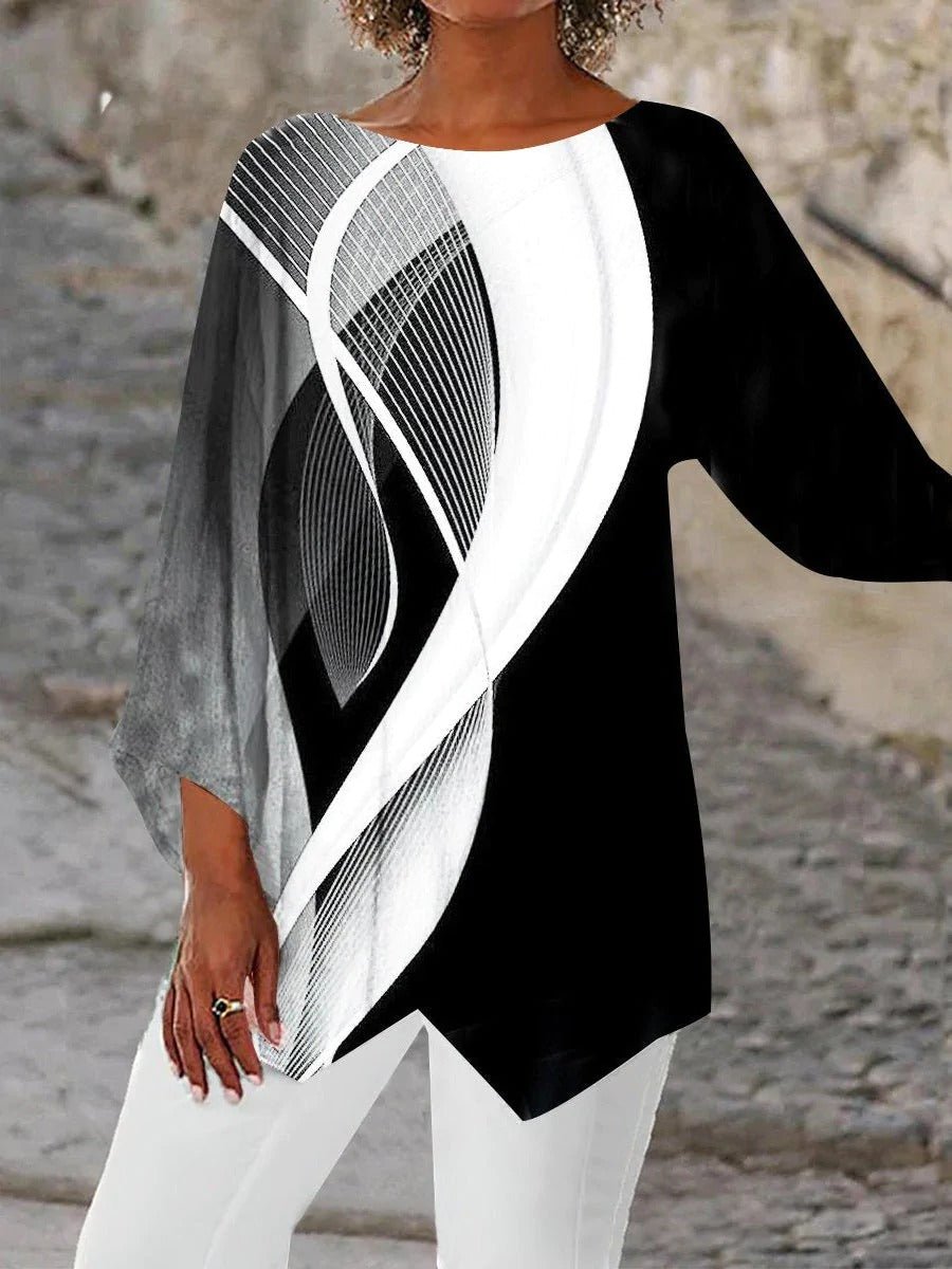 Shannon | Women's Long Sleeve Relaxed Fit Geometric Blouse - Black and White