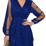 Ella | Women's V Neck Wrap Cocktail Dress - Dark Blue