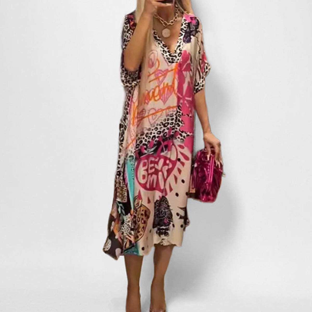 Xena | Women's V Neck Midi Tunic Dress - Pink