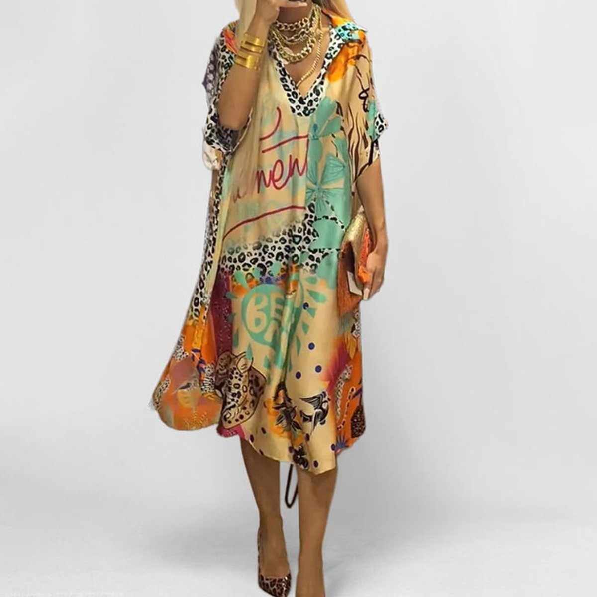 Xena | Women's V Neck Midi Tunic Dress - Green