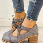 Zinnia | Women's Block Heel T Bar Brogue Shoes - Grey