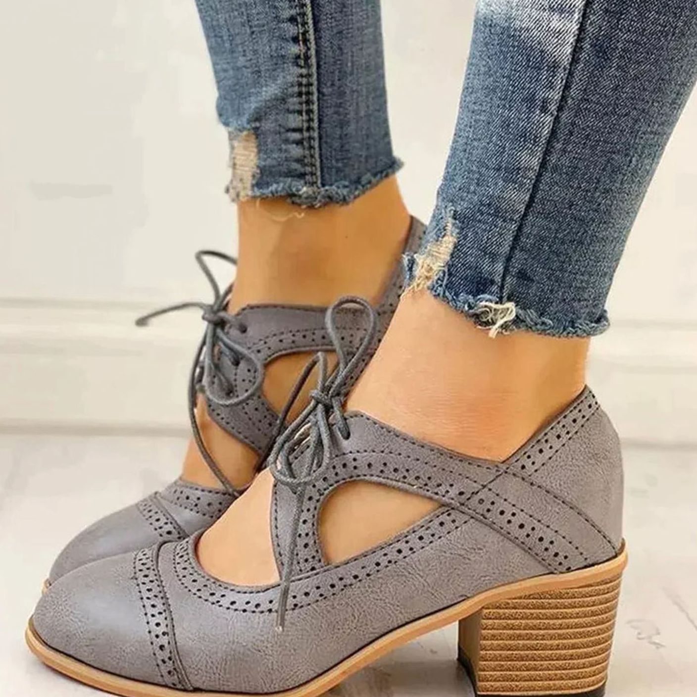 Zinnia | Women's Block Heel T Bar Brogue Shoes - Grey