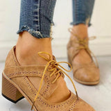 Zinnia | Women's Block Heel T Bar Brogue Shoes - Beige