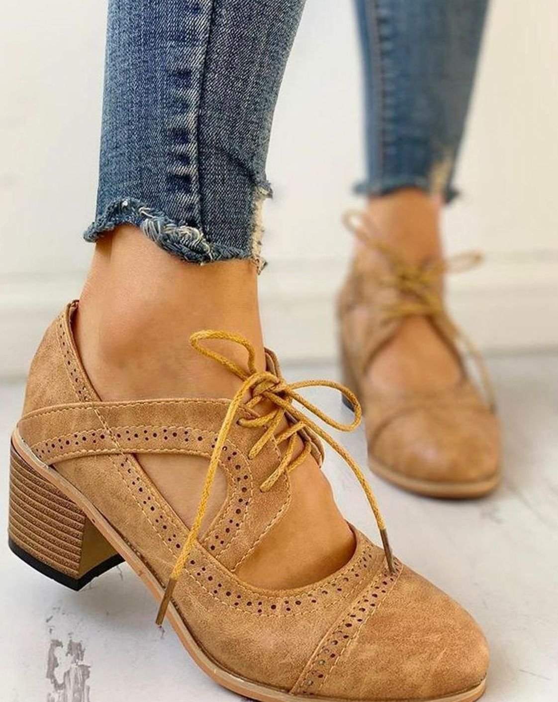 Zinnia | Women's Block Heel T Bar Brogue Shoes - Beige