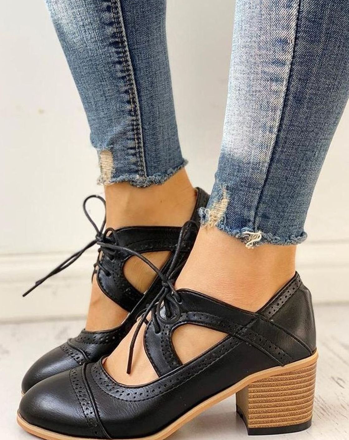 Zinnia | Women's Block Heel T Bar Brogue Shoes - Black