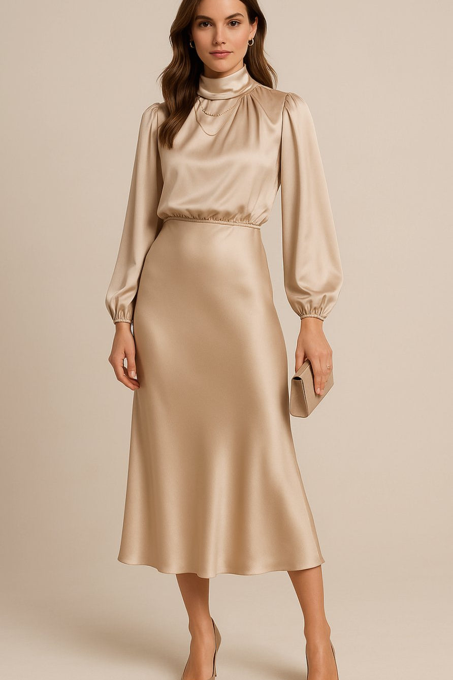 Leona | Women's Long Sleeve Satin Mock Neck Midi Dress