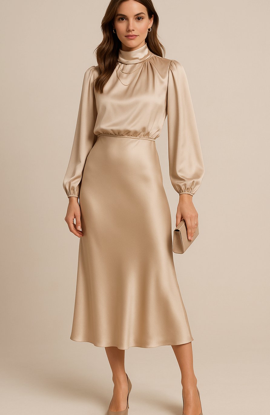 Leona | Women's Long Sleeve Satin Mock Neck Midi Dress