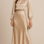 Leona | Women's Long Sleeve Satin Mock Neck Midi Dress