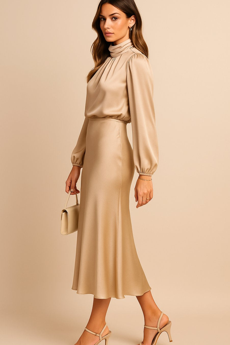Leona | Women's Long Sleeve Satin Mock Neck Midi Dress - Apricot